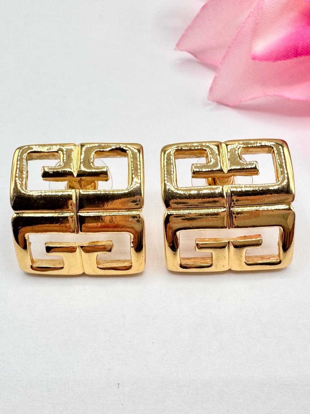 Vintage Givenchy 4G Logo Monogram Designer Stud Earrings Gold Tone Chic Signed